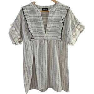 Sugar Lips Women's Striped Boho Mini Dress with Pom Pom Sleeves